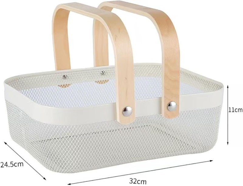 AJIODA Metal Mesh Steel Basket, Storage Organizer Basket Garden Harvest Basket Multi-functional Kitchen Fruit Baskets Bin with Wooden Handle for Bathroom Picnic Shopping Decor Cabinet Home, White - Image 2